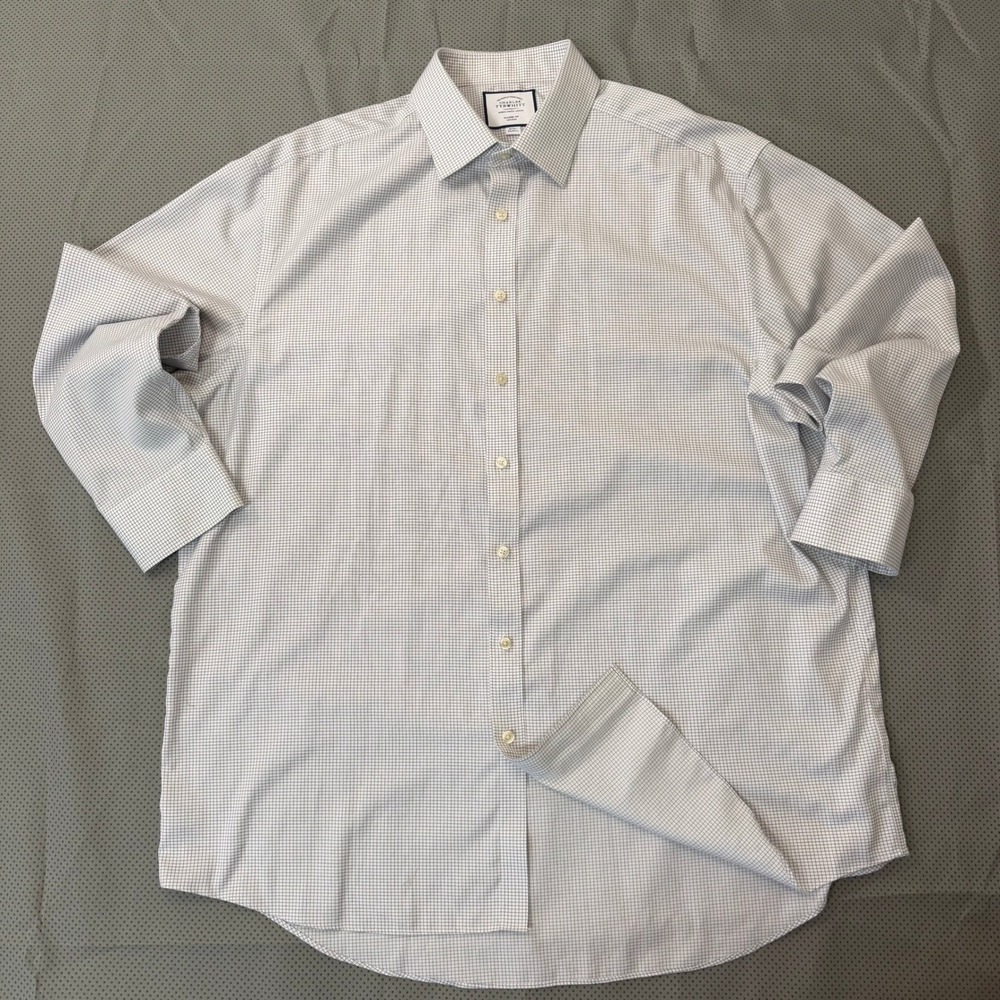 Charles Tyrwhitt Button Down Men 18 White Mini Check Classic Fit Non-Iron Office